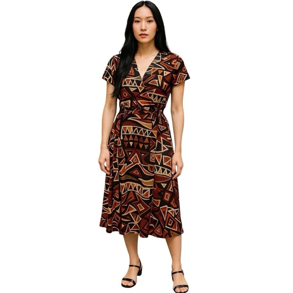 John Paul Richards Tribal Print Dress Size L Boho Chic Wrap Midi Earthy Neutral